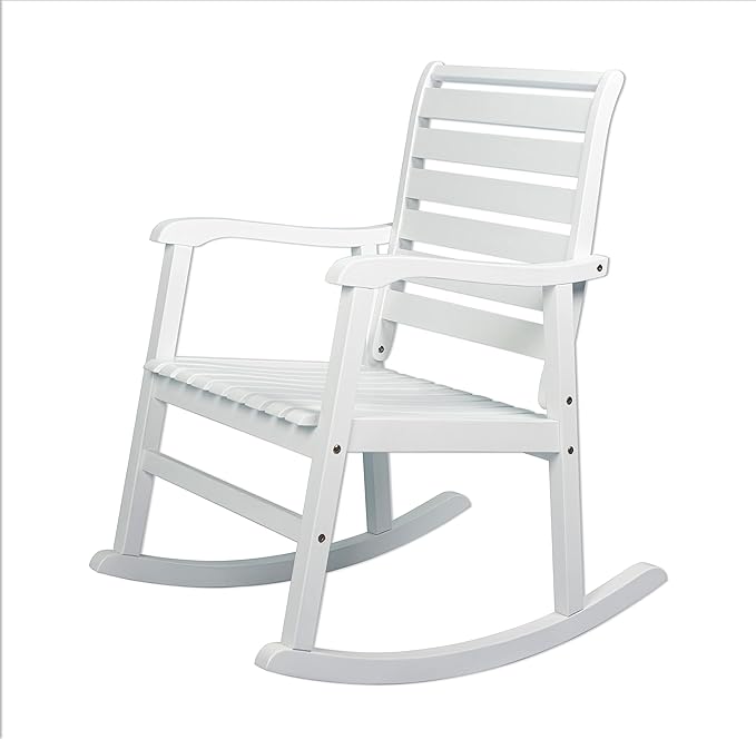 Eyely KCR101C Carrie Modern Slat-Back 300-Lbs Support Acacia Wood Patio Outdoor Rocking Chair for Garden, Lawn, Backyard, Pool, Deck, Beach, Firepit, White