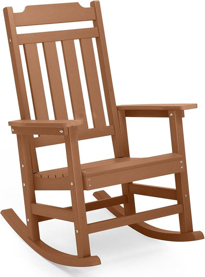 Rocking Chair, All Weather Resistant Poly Lumber Outdoor Porch Rocker, Rocking Chairs for Outdoor, Indoor, Patio, Deck, Garden, Backyard, Load Bearing 380 lbs - Teak
