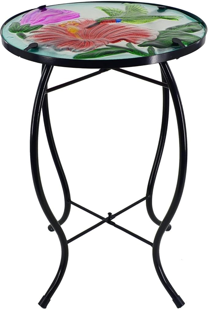 12 Inch Round Hummingbird Glass Side Table, Patio Small Table, Outdoor Side Table, Outdoor Bar Table - Photo 1
