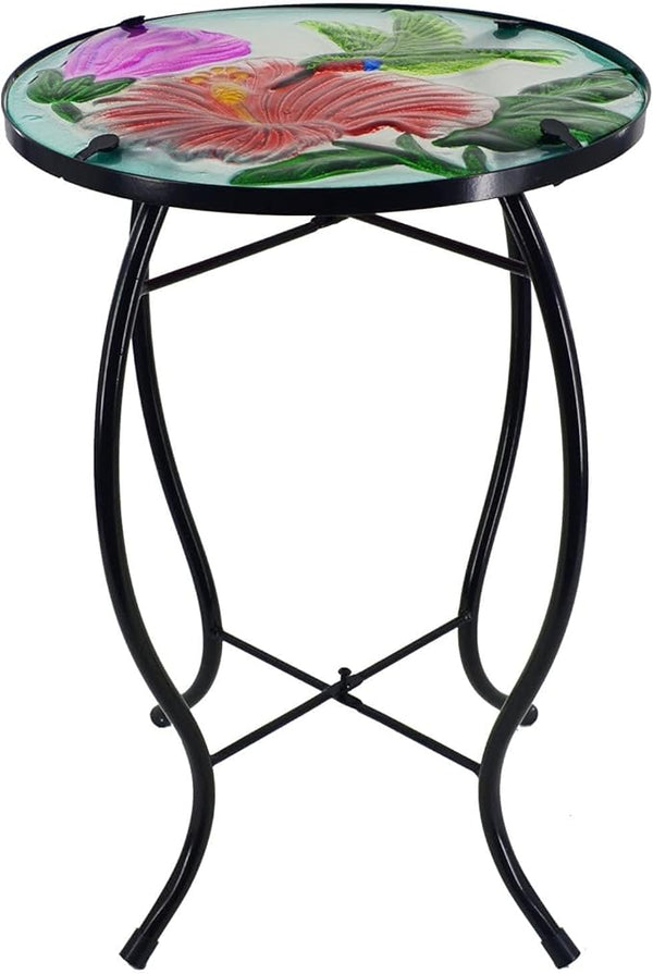 12 Inch Round Hummingbird Glass Side Table, Patio Small Table, Outdoor Side Table, Outdoor Bar Table - Photo 1