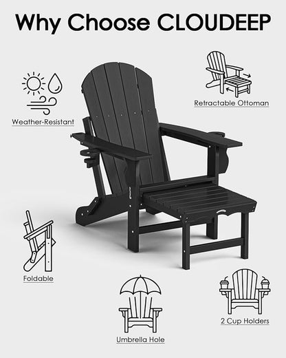 Folding Adirondack Chair with Ottoman, Recyclable HDPE Adirondack Patio Chair with 2 Cup Holder, Outdoor Fire Pit Chairs with Pull Out Footrest, Weather Resistant for Garden, Deck, Poolside,Black