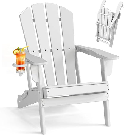 BRIOPAWS Folding-Adirondack-Chair | HDPE Plastic | Fire Pit Chairs | Cup Holder | Curved Back | All Weather | for Outdoor Backyard Deck Patio | White