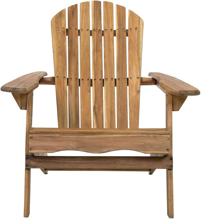 Folding Adirondack Chair Outdoor Wooden Accent Furniture Fire Pit Lounge Chairs,for Patio & Garden Relaxation with Slatted Back & Wide Armrests- Teak Finis (Teak + Acacia Wood)