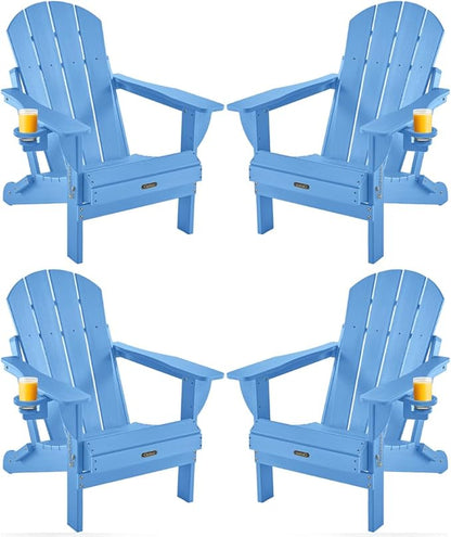 Ciokea Folding Adirondack Chairs Set of 4, Patio Adirondack Chair Weather Resistant, Plastic Fire Pit Chair with Cup Holder, Lawn Chair for Outdoor Porch Garden Backyard Deck, Baby Blue