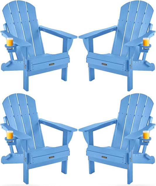 Ciokea Folding Adirondack Chairs Set of 4, Patio Adirondack Chair Weather Resistant, Plastic Fire Pit Chair with Cup Holder, Lawn Chair for Outdoor Porch Garden Backyard Deck, Baby Blue