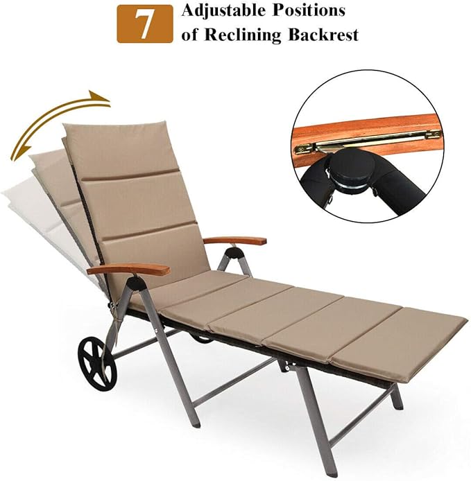 Outdoor Chaise Lounge with 2 Wheels for Easy Movement Folding Recliner 7 Adjustable Position Rattan Lounge Chair Heavy - Photo 6