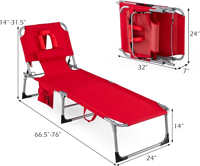 GYMAX Tanning Chair, Folding Beach Lounger with Face Arm Hole, Adjustable Backrest, Side Pocket, Pillow & Carry Handle, Outside Sunbathing Lounge Chair for Patio, Poolside, Lawn (1, Red)