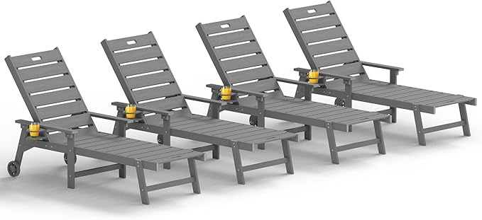 YEFU Lounge Chair Outdoor Set of 4: Outdoor Chaise Lounge with 5-Level Adjustable Backrest, Cup Holders & Wheels, All-Weather Resistance Chaise Lounge for Outside/Patio/Beach/Deck, Grey