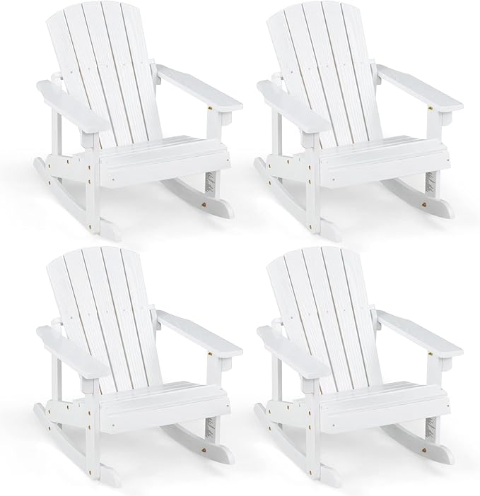 Giantex Wooden Adirondack Rocking Chairs Set of 4 - Kids Outdoor Rocker with Slatted seat, Smooth Rocking Feet, 300LBS Weight Capacity, Porch Rocking Chair for Balcony, Backyard, Poolside (4, White)