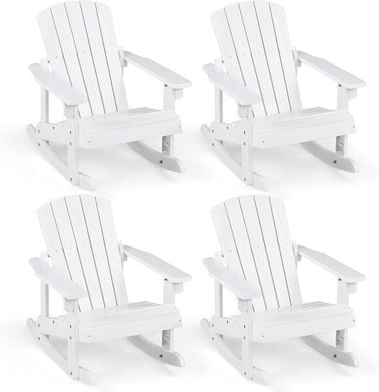 Giantex Wooden Adirondack Rocking Chairs Set of 4 - Kids Outdoor Rocker with Slatted seat, Smooth Rocking Feet, 300LBS Weight Capacity, Porch Rocking Chair for Balcony, Backyard, Poolside (4, White)