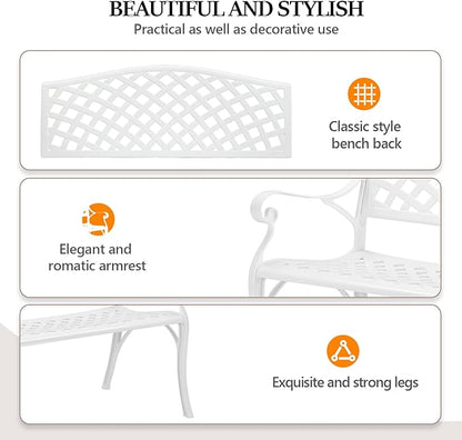 VINGLI 40.5" Patio Garden Bench,Anti- Rust Cast Iron Cast Aluminum Frame for Outdoor Path Yard Lawn Work Entryway Decor Deck (White)