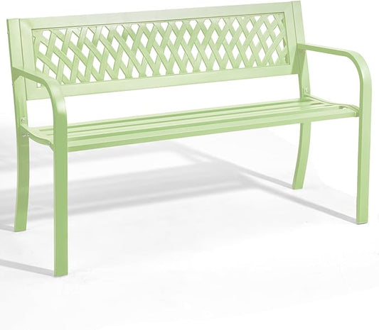 Outvita Outdoor Bench, 47" Iron Steel Frame Garden Bench with Mesh Pattern and Plastic Backrest Armrests, Patio Bench for Garden Park Yard Front Porch Patio, Green