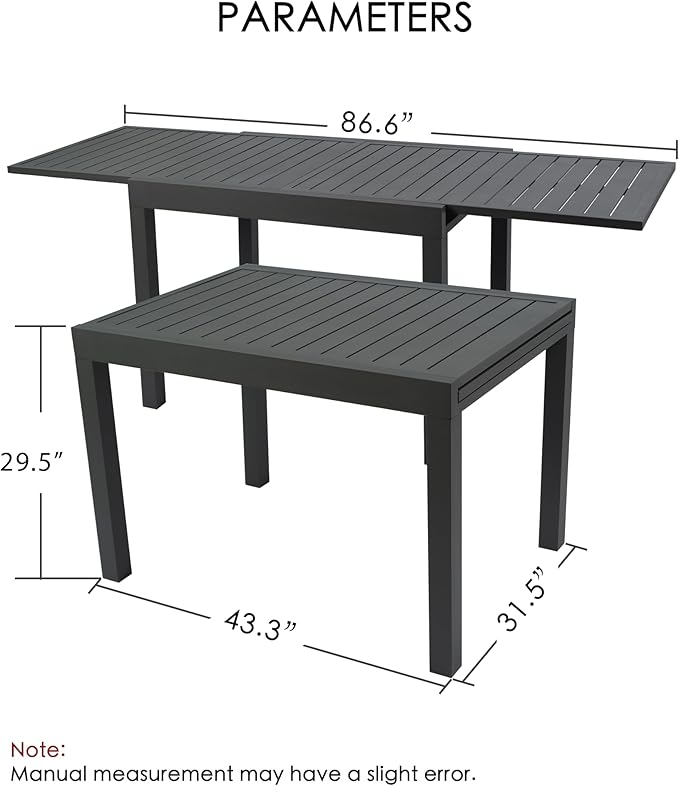 Kozyard Expandable Outdoor Patio Dining Table, 43"–86.6" Adjustable Length, All-Aluminum Frame, Weather & Rust Resistant, for Backyard, Porch, Deck, Garden, Gray