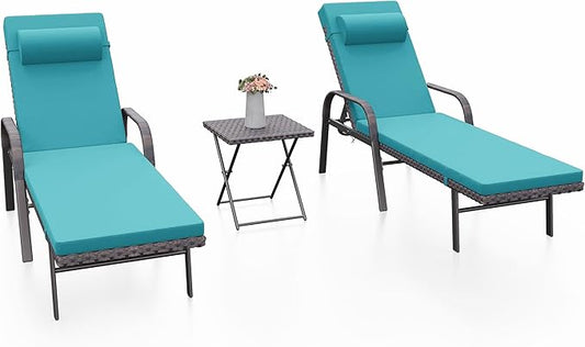 Kurapika Patio Chaise Lounge Set 3 Pieces Outdoor Lounge Chair, Rattan Reclining Chair Adjustable Backrest, Pool Sunbathing Recliners with Folding Table for Poolside Beach, Blue