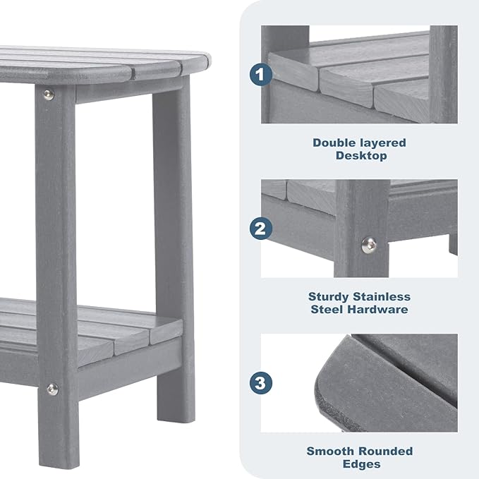Adirondack Outdoor Side Table, 16.5” HDPE Small Patio Table with Storage Shelf, Weather Resistant End Table for Porch, Pool & Yard (Grey)