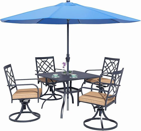 SUNCROWN 5 Pieces Outdoor Dining Set Metal Swivel Cushioned Chairs Patio Furniture Sets with Steel Slat Bistro Table and Sky Blue 9Ft Patio Umbrella for Backyard, Lawn, Garden, Deck, Poolside