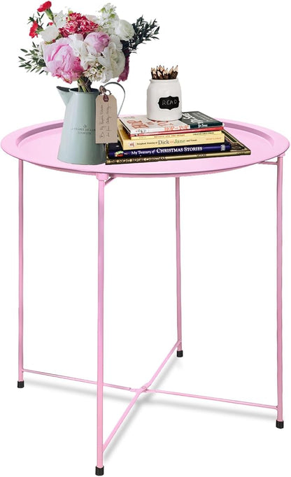 Garden 4 you End Table Metal Side Table Pink Round Folding Tray Cyan Sofa Small Accent Fold-able Table, Round End Table Tray, Next to Sofa Table, Snack Table for Living Room and Bed Room