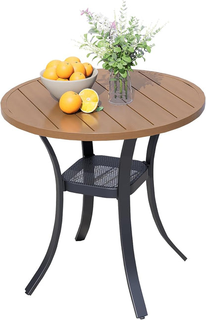 27.6" Round Patio Dining Table for 4, All-Weather Metal Patio Table with Storage Shelf, Outdoor Round Dining Table for Lawn Garden Porch, Walnut