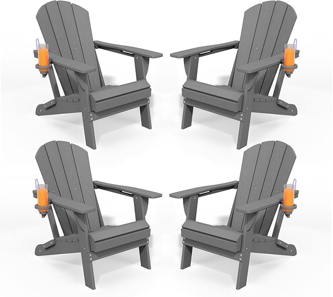 Folding Adirondack Chairs with Cup Holders, Set of 4 HDPE Plastic Outdoor Chairs, Weather Resistant, Real Wood Look - Photo 1
