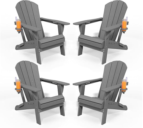 Folding Adirondack Chairs with Cup Holders, Set of 4 HDPE Plastic Outdoor Chairs, Weather Resistant, Real Wood Look - Photo 1