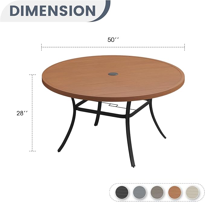 VICLLAX 50" Outdoor Round Patio Dining Table for 4-6, All Weather Metal Dining Table with Umbrella Hole for Deck Lawn Garden Backyard, Walnut