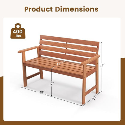 Tangkula 48 Inch Hardwood Outdoor Bench with Backrest, Wood Patio Loveseat Chair with Breathable Slatted Seat & Backrest, Ergonomic Outside Bench for Backyard, Balcony, Garden & Porch