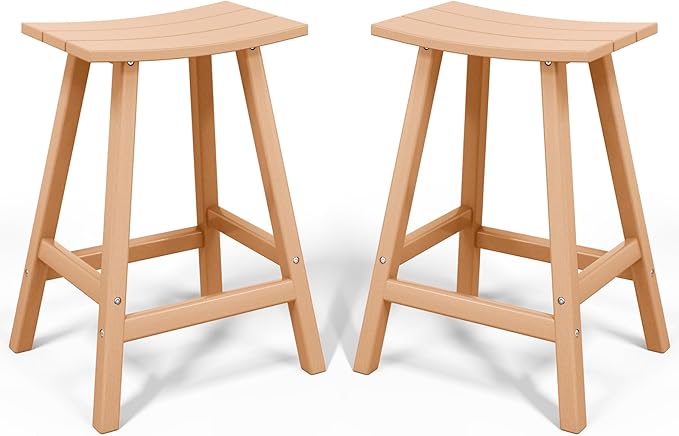 Costaelm All-Weather Bar Stools Set of 2, 24" Height Outdoor Bar Stools, Adirondack Poly Patio Bar Stool for Patio, Deck, Kitchen Counter and Garden, Teak