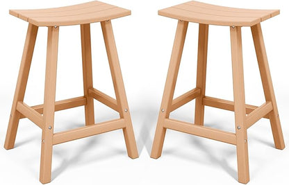 Costaelm All-Weather Bar Stools Set of 2, 24" Height Outdoor Bar Stools, Adirondack Poly Patio Bar Stool for Patio, Deck, Kitchen Counter and Garden, Teak