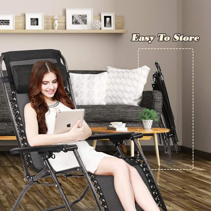 Heavy Duty Zero Gravity Lounge Chair - 350lbs Patio Recliner Pillow & Cup Holder, Adjustable Folding Outdoor Chaise for Pool, Beach, Deck (Black)