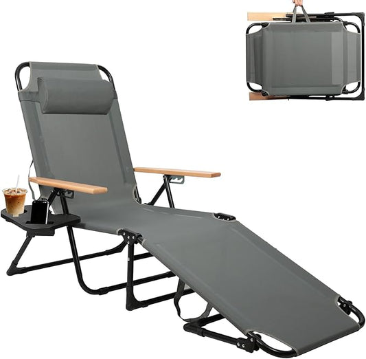 Folding Lounge Chairs for Outside, Beach Patio Lounge Chair, Sunbathing/Tanning Chair with 4 Adjustable Backrest & Cup & Pillow,Holds 330 Lb, Outdoor Garden Pool (Gray)