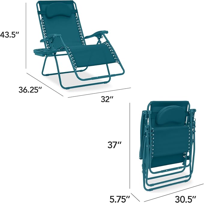 Best Choice Products Oversized Zero Gravity Chair, Folding Outdoor Patio Lounge Recliner w/Cup Holder Accessory Tray, Pillow - Peacock