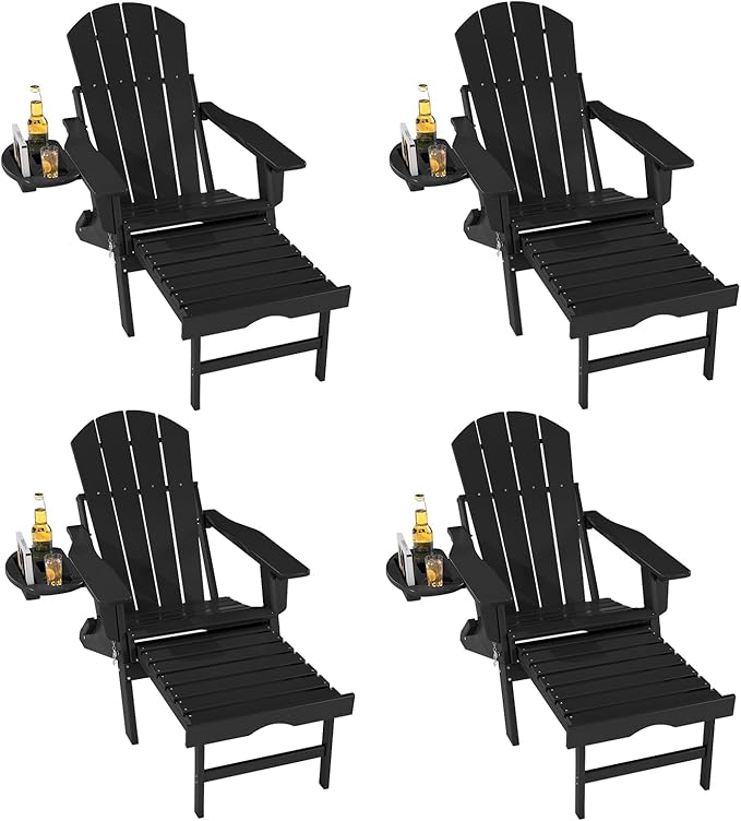FOOWIN Folding Adjustable Adirondack Chair with Retractable Ottoman Set of 4,HDPE Adirondack Chair w/4 in 1 Cup Holder Trays,All-Weather Resistant Fire Pit Chair for Outdoor Patio Lawn, Black