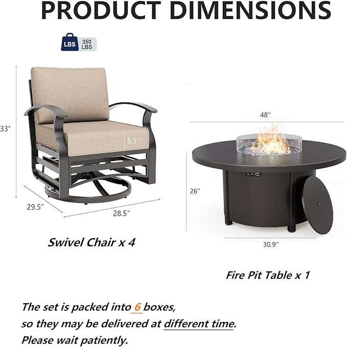 Gotland 5 Piece Patio Set, Aluminum Outdoor Swivel Chairs Set with 48’’ Round Fire Pit 5.1’’ High-Resilience Seat - Photo 2