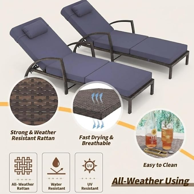 Outdoor Chaise Lounge Set of 2, 5-Position Adjustable PE Wicker Reclining Chairs with Wheels & 3.5" Cushions, 400 lbs Capacity All-Weather Patio Furniture for Poolside, Garden, Beach(Blue)
