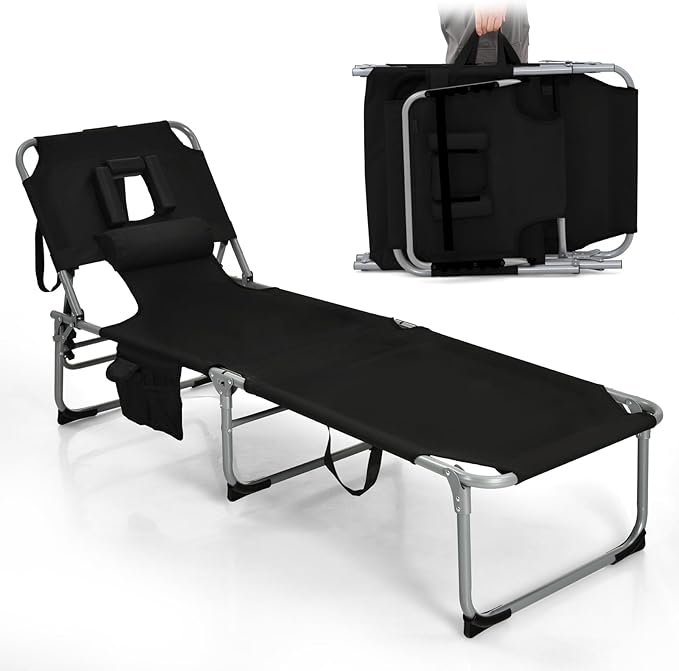 Goplus Tanning Chair, Folding Adjustable Patio Lounge Chair with Face Hole, Removable Pillow, 330LBS, Carry Strap, Outdoor Sunbathing Chair, Lightweight Portable Beach Lounge Chair, No Assembly