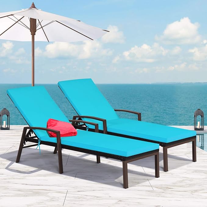 COSTWAY 2PCS Rattan Lounge Chair Outdoor, Patio Wicker Chaise Lounge with 5-Position Adjustable Backrest, Soft Cushion & Arm Rest, Pool Recliner Set of 2 for Poolside, Deck, Backyard (Turquoise)