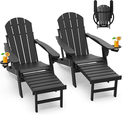 GREENVINES Adirondack-Chairs-with-Ottoman | Set of 2 | Folding | Retractable-Footrest | HDPE Plastic | All Weather Fire Pit Chair | Cup Holders | Black | for Outdoor Poolside