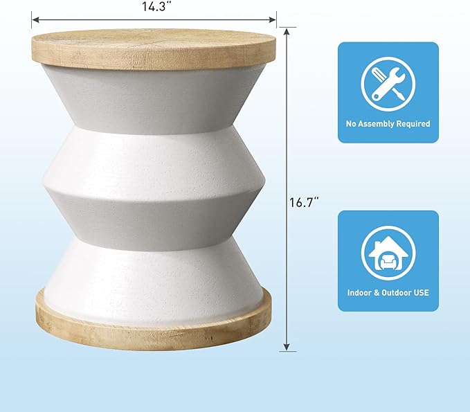 SUNBURY White Outdoor Side Table Set of 2, 14" W Concrete Side Table, Round Accent Marble End Drum Table, Garden Stool Plant Stand, Lounge, Yard