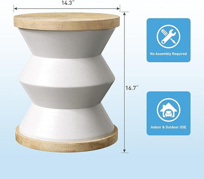 SUNBURY White Outdoor Side Table, 14" W Concrete Side Table Accent Table, Round Marble Drum Side Table, Garden Stool Plant Stand End Table for Patio, Deck, Poolside