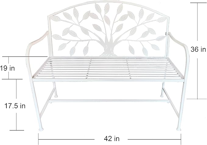 Hi-Line Gift Ltd. 42in Metal Garden Bench Tree Pattern-White Patio Yard Seat