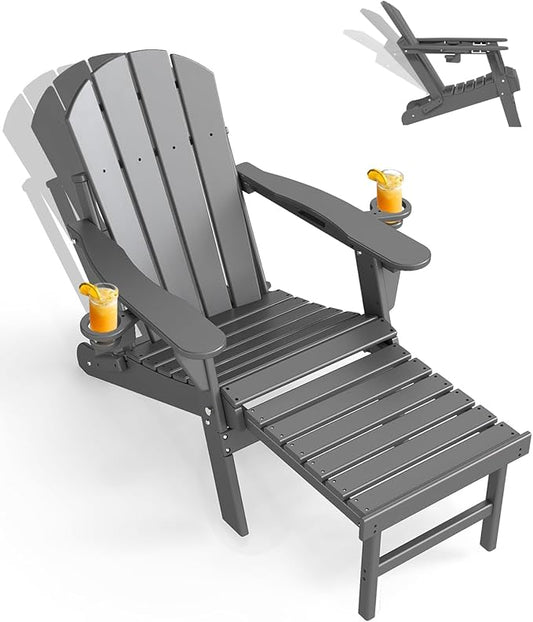 GREENVINES Adjustable Adirondack Chair with Retractable Ottoman | Folding | HDPE Plastic | Fire Pit Chairs w/Foot Rest | 2 Cup Holders | Grey | for Outdoor Patio Poolside Deck