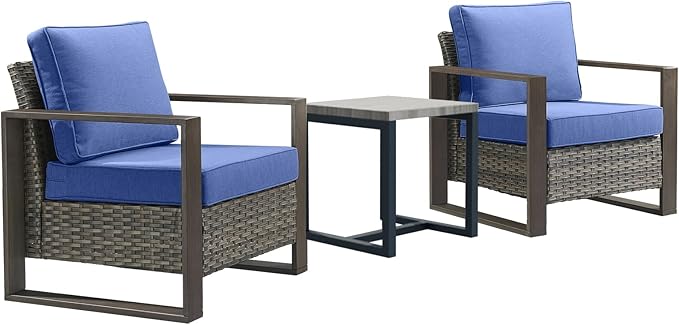 3 Piece Wicker Patio Furniture Set,Patio Bistro Set with 2 Rattan Armrest Chairs and 1 Side Table,Sturdy Frame,All-Weather PE Wicker,Wide Armrest,Deep Seating and Thick Cushions(Mixed Grey/Blue)