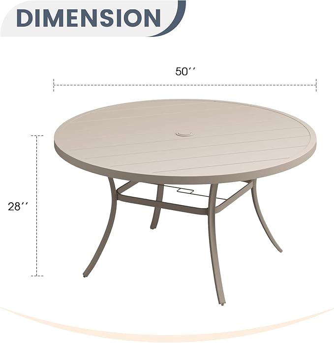 Patio Dining Table for 6-8, Round Metal Outdoor Table with 1.57" Umbrella Hole, 50" Outdoor Slat Tabletop Dining Table for Backyard, Porch, Lawn, Sand