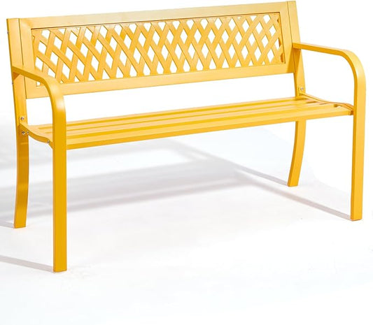 47in Patio Park Benches,PVC Mesh Backrest Iron Bench,Outdoor Garden Leisure Benches,Weatherproof Metal Park Bench,with Back and Armrests,for Outside Lawn Deck Patio Backyard Entryway (Yellow)