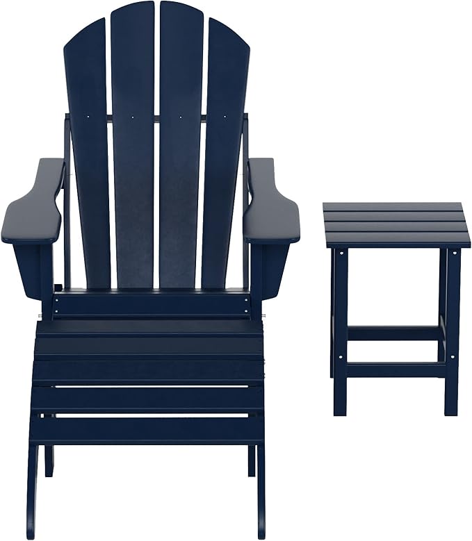 WestinTrends Malibu Outdoor Lounge Chairs, 3-Pieces Adirondack Chair Set with Ottoman and Side Table, All Weather Poly Lumber Patio Lawn Folding Chair for Outside Pool Garden Backyard, Navy Blue