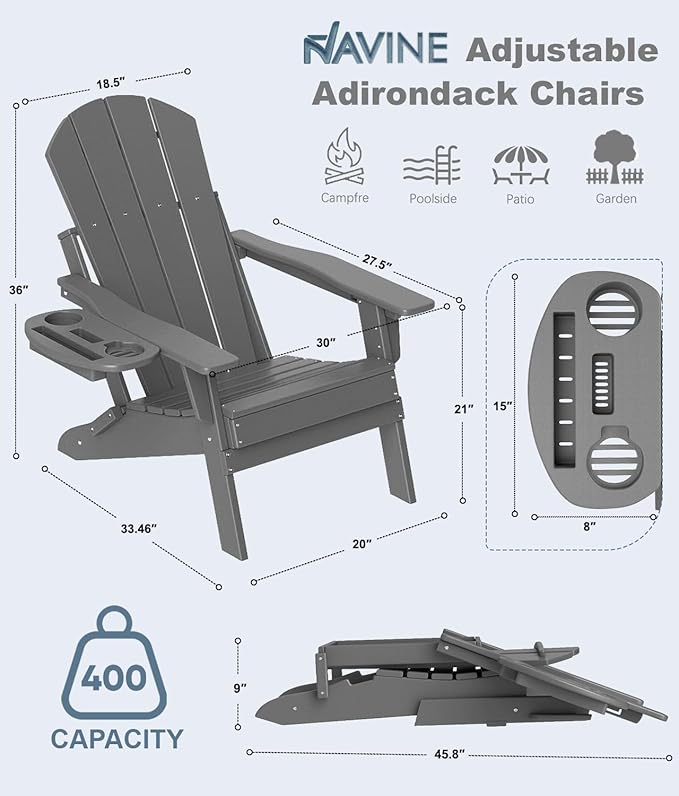 Adjustable Adirondack Chair Set of 2 with Cup Holder, All Weather HDPE Fire Pit Chairs for Deck, Backyard, Patio, Grey