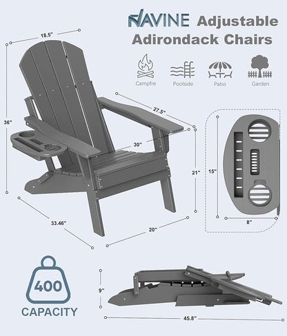 Adjustable Adirondack Chair Set of 8 with Cup Holder, All Weather HDPE Fire Pit Chairs for Deck, Backyard, Patio, Grey