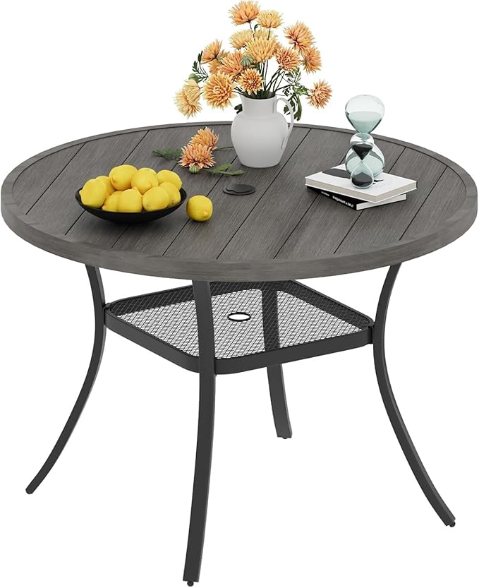 VICLLAX 40.6" Round Metal Outdoor Dining Table for 4, Patio Table with Umbrella Hole and Storage Shelf for Garden, Lawn - Photo 1