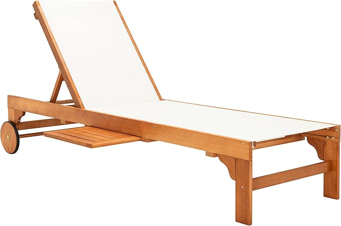 SAFAVIEH Outdoor Collection Ralden Natural Brown Solid Wood/Beige Fabric Adjustable Chaise Lounge Chair (PAT7070A)