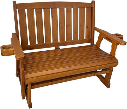 Fortune Candy Wooden Patio Glider, with Cup Holders, High Back and Deep Contoured Seat, Solid Fir Wood, Heavy Duty 800 LBS (Teak Tone, 2-Seater)